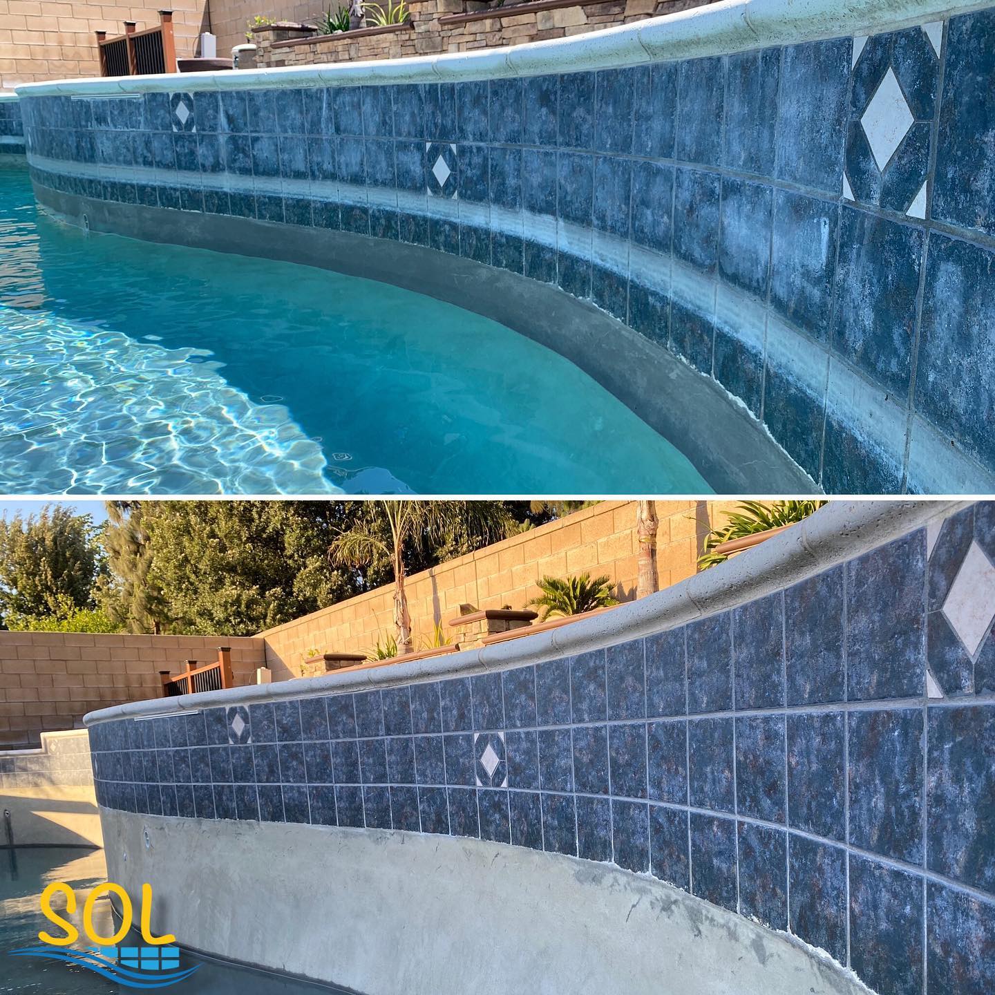 Curved swimming pool with blue tiles and decorative diamond accents