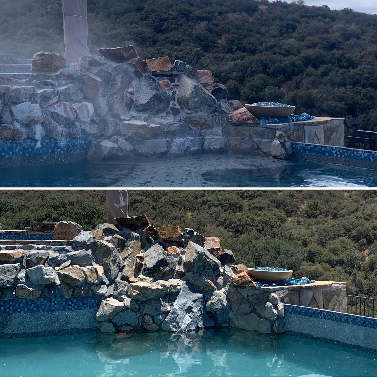 Luxurious rocky pool with blue water and stone landscaping