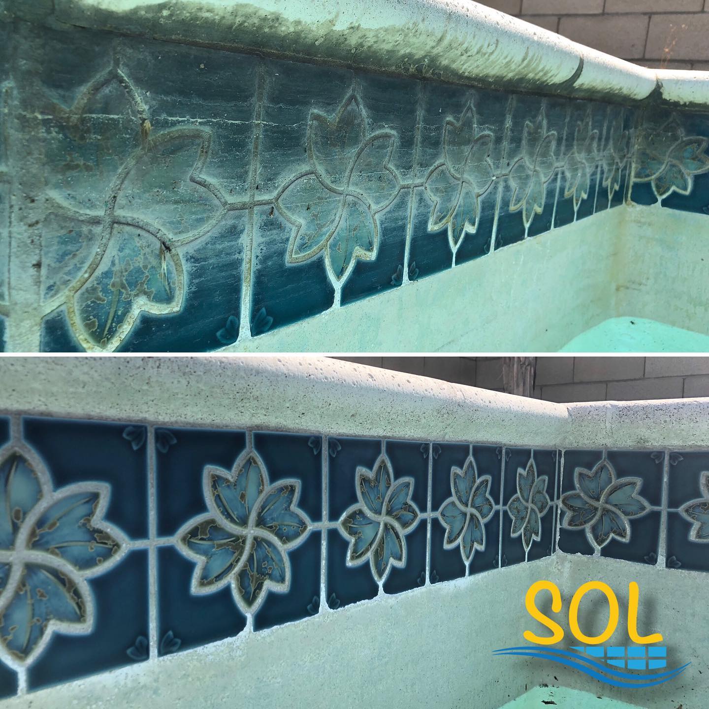 Decorative blue and green ceramic tiles with floral leaf pattern